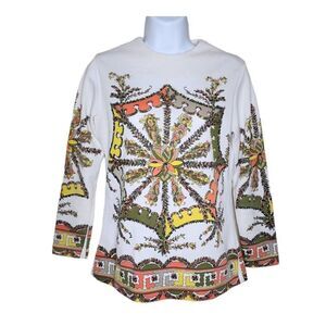 Vintage 70s Tunic Top Shirt Womens Size S White Orange Psychedelic Hippie Groovy